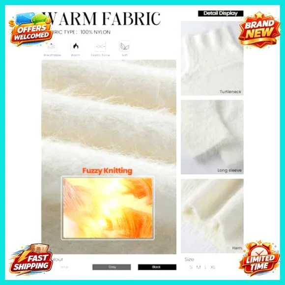 Oversized Turtleneck Sweater Fuzzy Knit Pullover Women's Size S-XL